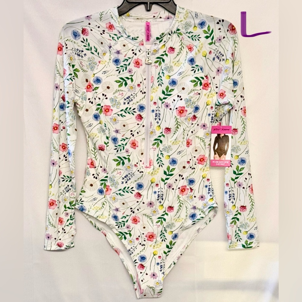 Betsey Johnson White Floral Long Sleeve One-Piece Swimsuit